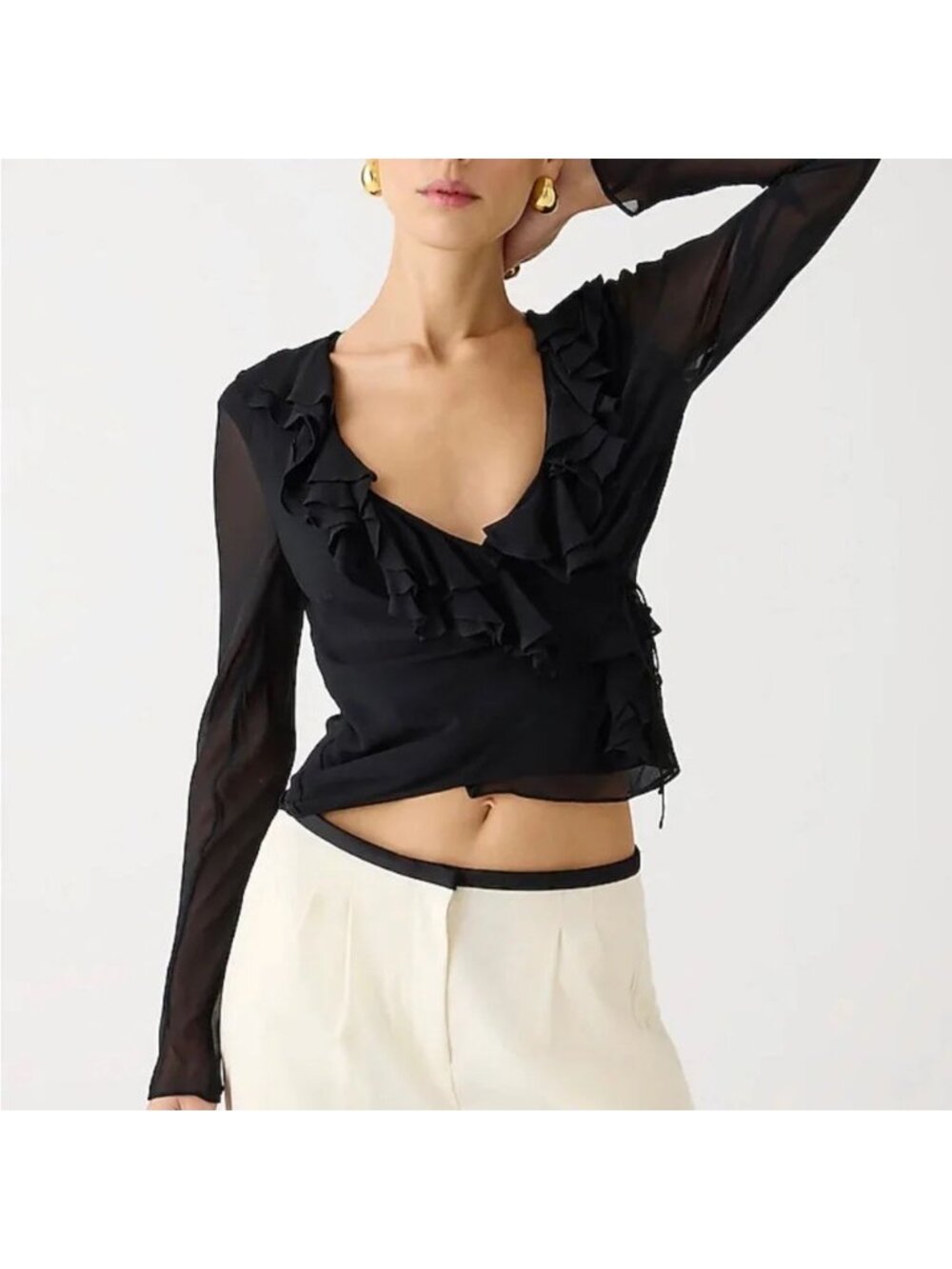 J. Crew Black Chiffon Wrap Blouse Top Ruffle Neckline Size 6